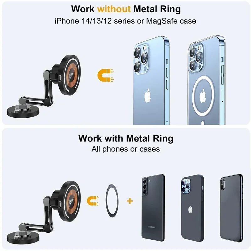 Car Magnetic Wireless Charger Adjustable Mobile Phone Holder for iPhone 15 14 13 12 Pro Max Fast Charging Easy Paste Mount Stand